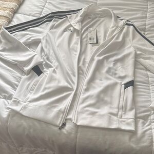 Adidas Women's White Bomber Jacket with Black Stripes